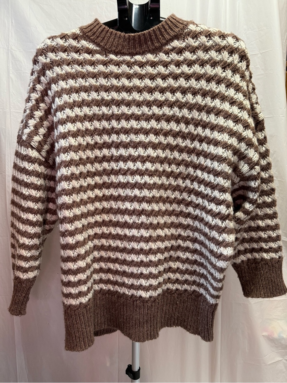 Zara Brown & Cream Textured Stripe Wool Blend Sweater Size Small